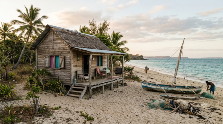 Bungalow en bois au bord de l'eau près de Ramena dans le Nord de Madagascar, pirogue échouée sur le sable