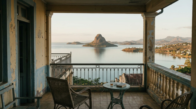 Vue sur la baie de Diego Suarez depuis une terrasse au coucher du soleil, rocher du Pain de Sucre dans la rade