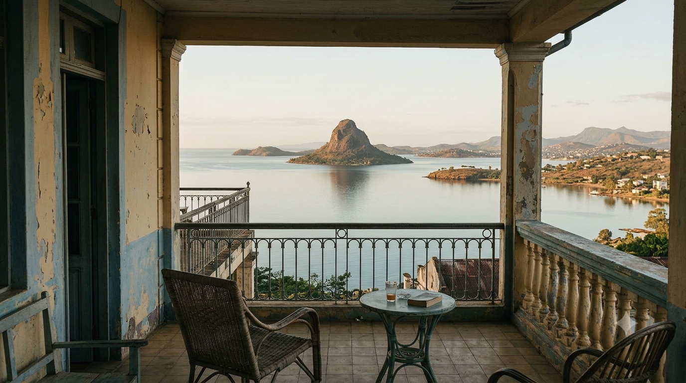 Vue sur la baie de Diego Suarez depuis une terrasse au coucher du soleil, rocher du Pain de Sucre dans la rade