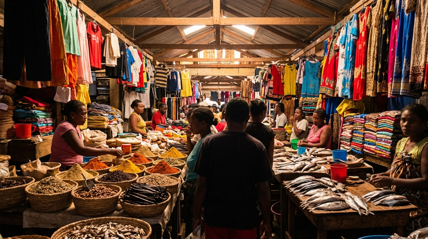 Étals animés du grand marché bazary be de Diego Suarez, paniers d'épices et de vanille, poissons et tissus colorés