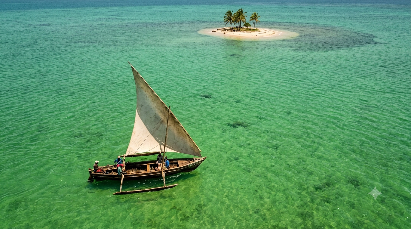 Boutre traditionnel à voile latine traversant le lagon vert émeraude de la Mer d'Émeraude près de Diego Suarez