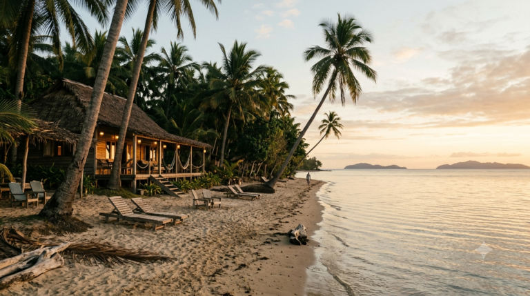 Guesthouse en bord de plage sur la côte ouest de Nosy Be en lumière dorée, cocotiers et transats en bois