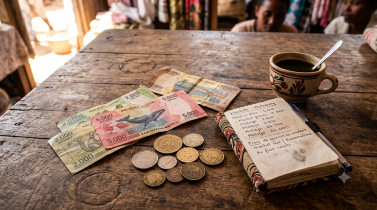 Billets et pièces en ariary posés sur une table de marché en bois avec un carnet, budget d'un voyage dans le Nord de Madagascar