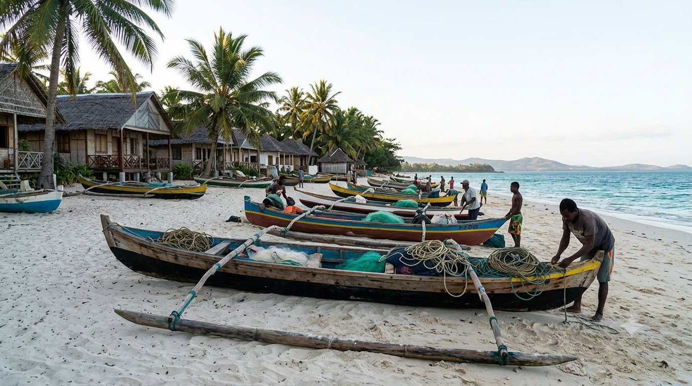 Plage du village de pêcheurs de Ramena dans le Nord de Madagascar, pirogues en bois sur le sable clair
