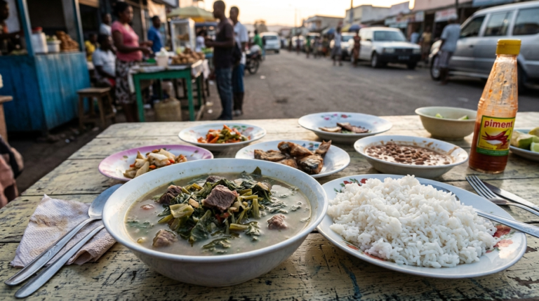 Bol de romazava fumant et assiette de riz sur une table de cuisine de rue à Diego Suarez, lumière du soir
