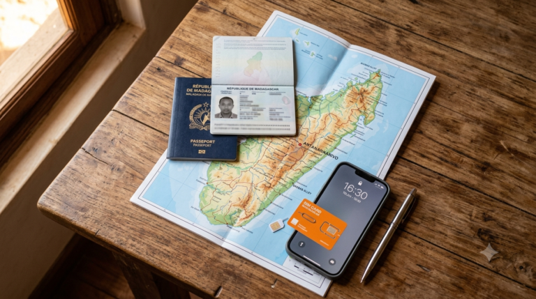 Passeport, carte SIM locale, téléphone et carte de Madagascar posés sur une table en bois, formalités de voyage