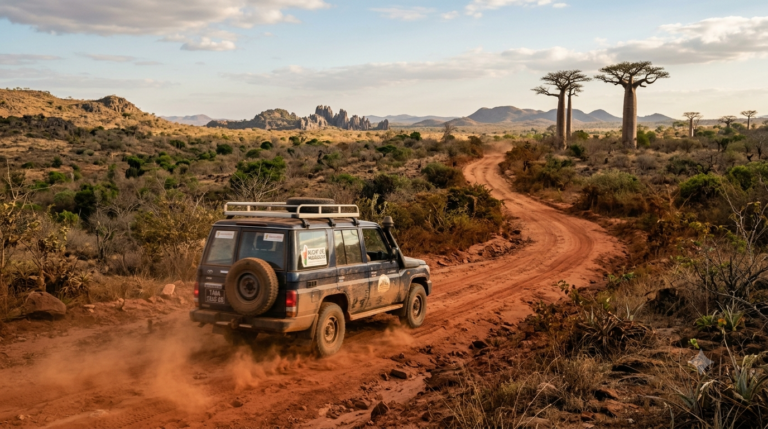 4x4 roulant sur une piste de latérite rouge dans le Nord de Madagascar, panache de poussière et paysage sec