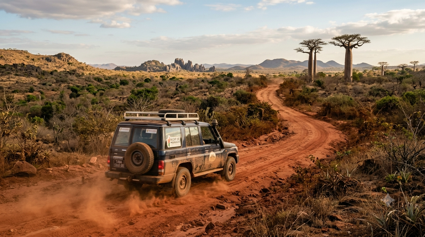 4x4 roulant sur une piste de latérite rouge dans le Nord de Madagascar, panache de poussière et paysage sec